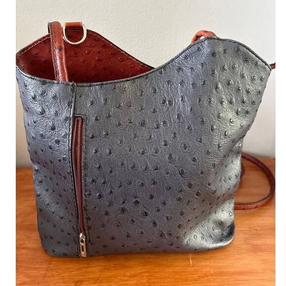Navy Blue Brown Ostrich Style Crossbody / Backpack Bag  Adjustable Straps  Italy